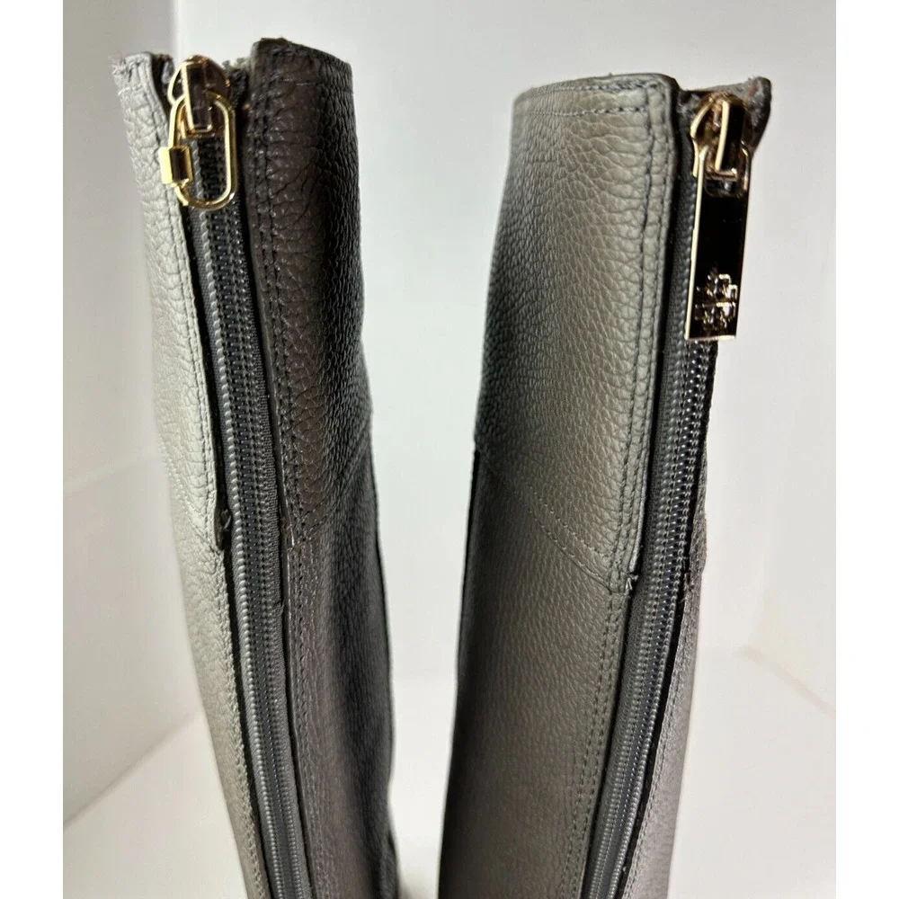Tory Burch Pebbled Leather Back Zip Tall Block Heeled Buckle Boots Gray Size 6 M - Picture 7 of 15